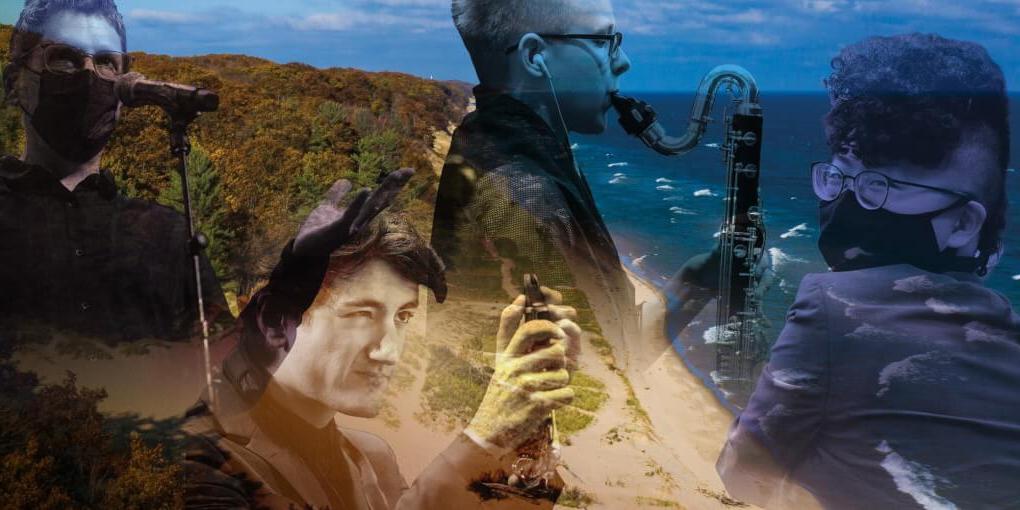 密歇根湖海岸线的鸟瞰图，上面覆盖着4位音乐家的照片